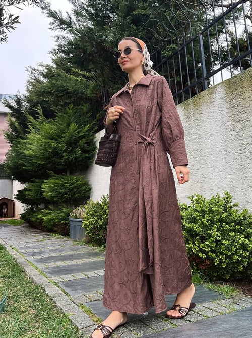 Brown Embroidered Side-Tie Shirt Dress