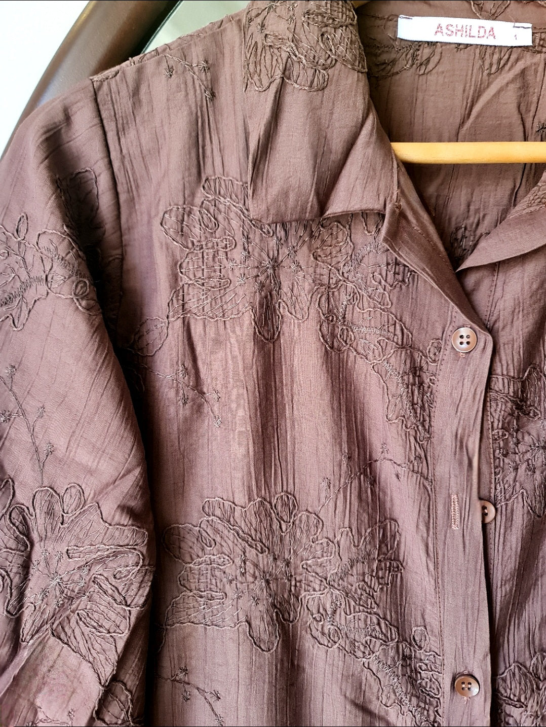 Brown Embroidered Side-Tie Shirt Dress
