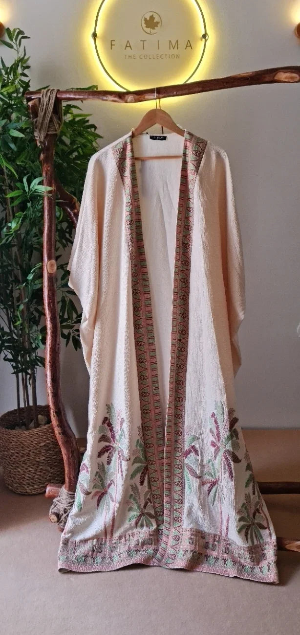 Cream embroidered kaftan, high quality Turkish and Italian apparel by Fatimathecollection