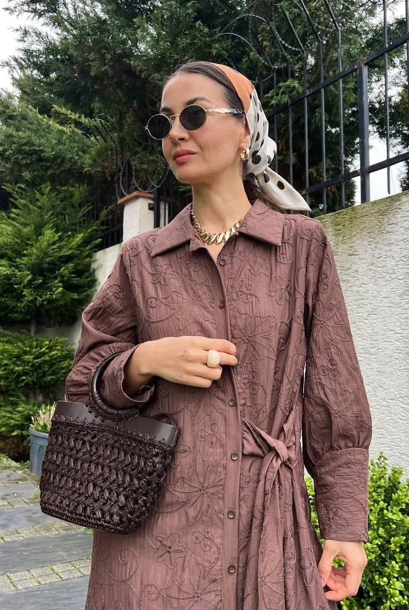 Brown Embroidered Side-Tie Shirt Dress
