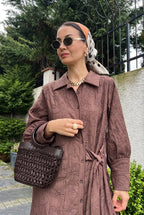 Brown Embroidered Side-Tie Shirt Dress