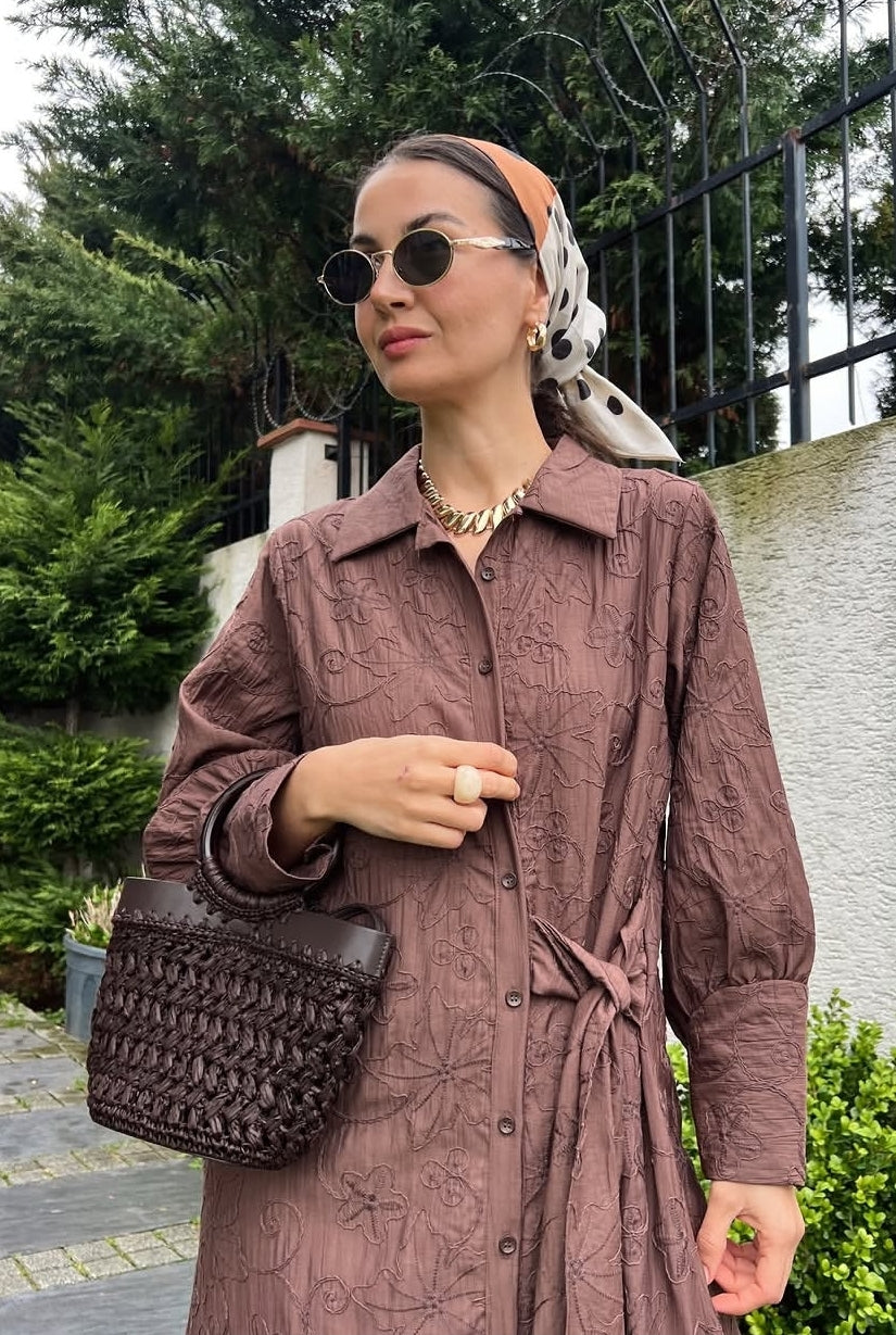 Brown Embroidered Side-Tie Shirt Dress