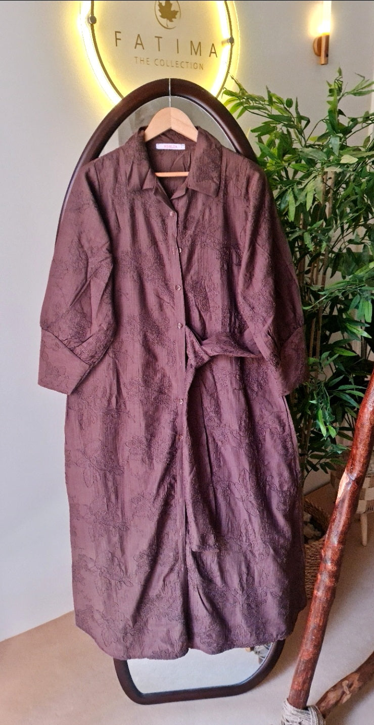 Brown Embroidered Side-Tie Shirt Dress